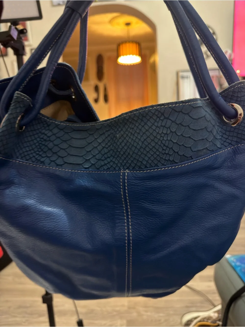 Women's Blue Leather Tote Bag with Textured Trim